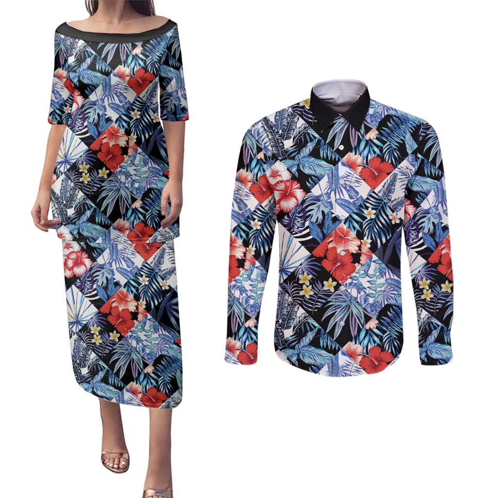 Hawaii Tropicana Blue Pattern Couples Matching Puletasi and Long Sleeve Button Shirt - Polynesian Pride
