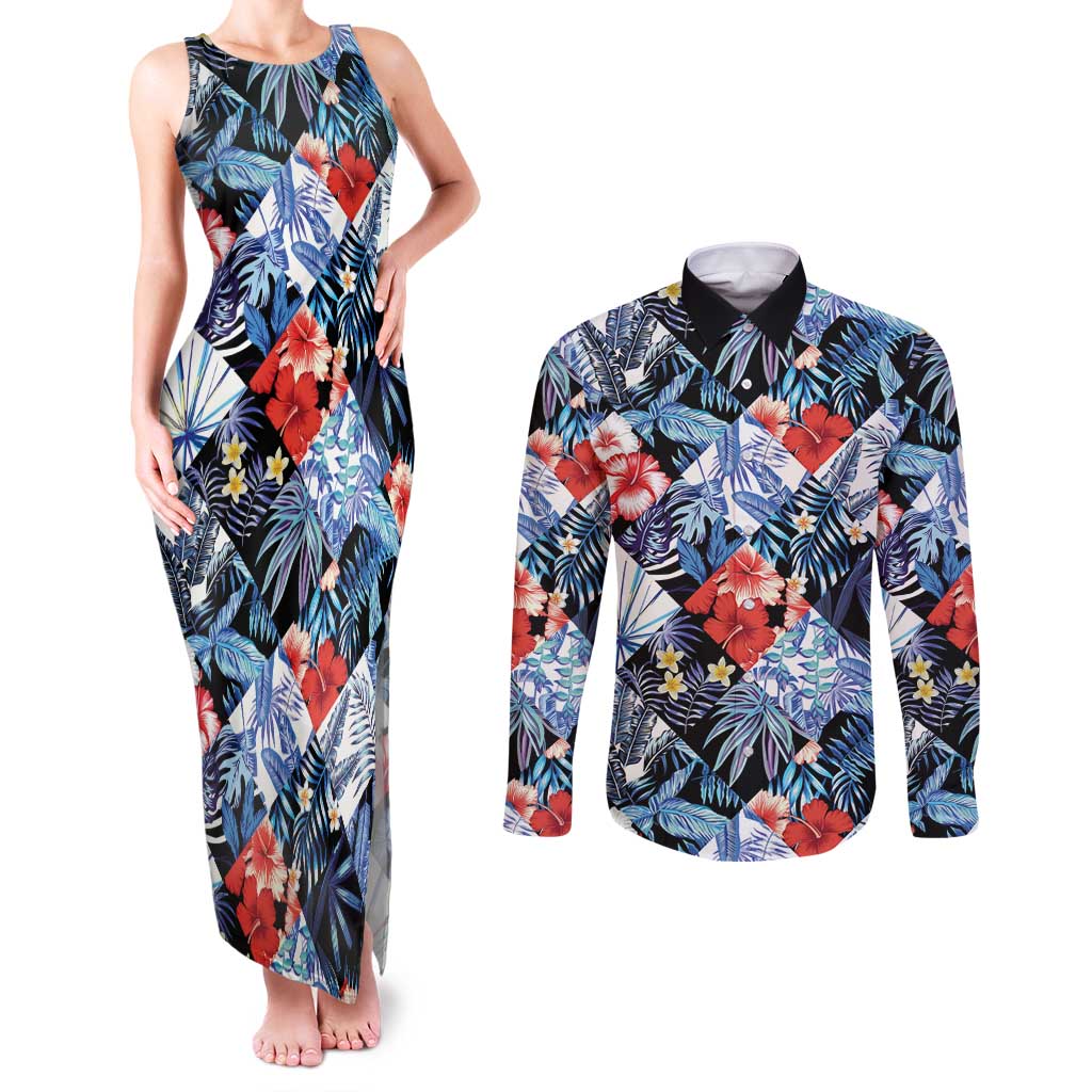Hawaii Tropicana Blue Pattern Couples Matching Tank Maxi Dress and Long Sleeve Button Shirt LT01 Blue - Polynesian Pride
