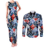 Hawaii Tropicana Blue Pattern Couples Matching Tank Maxi Dress and Long Sleeve Button Shirt LT01 Blue - Polynesian Pride
