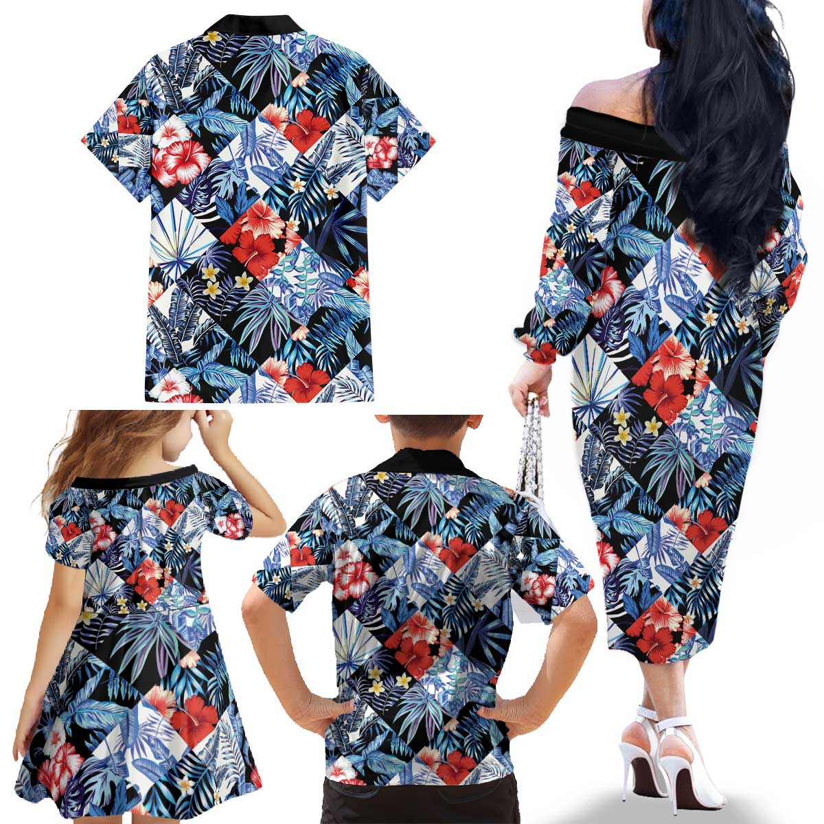 Hawaii Tropicana Blue Pattern Family Matching Off The Shoulder Long Sleeve Dress and Hawaiian Shirt - Polynesian Pride