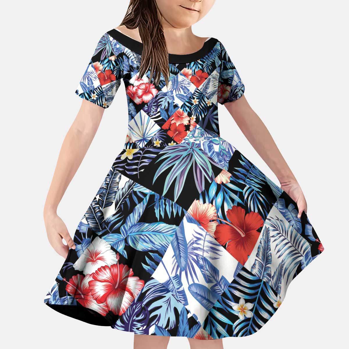 Hawaii Tropicana Blue Pattern Kid Short Sleeve Dress - Polynesian Pride