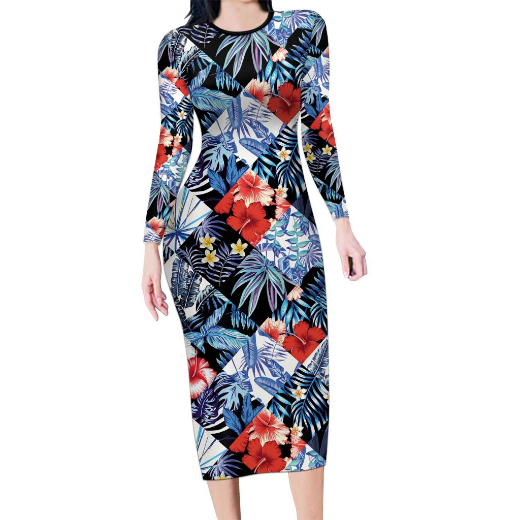 Hawaii Tropicana Blue Pattern Long Sleeve Bodycon Dress - Polynesian Pride