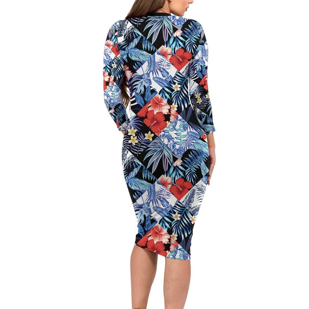 Hawaii Tropicana Blue Pattern Long Sleeve Bodycon Dress - Polynesian Pride