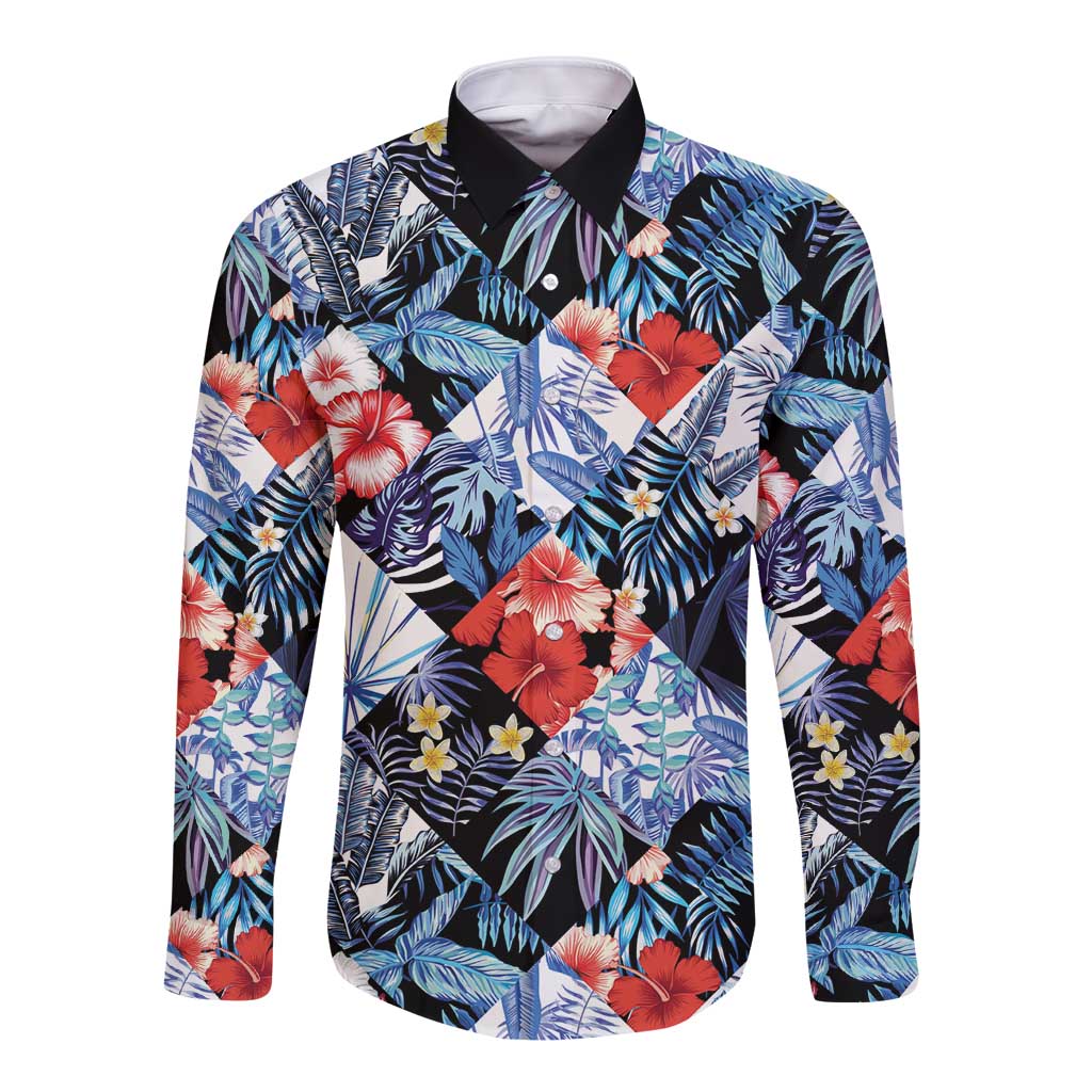 Hawaii Tropicana Blue Pattern Long Sleeve Button Shirt - Polynesian Pride
