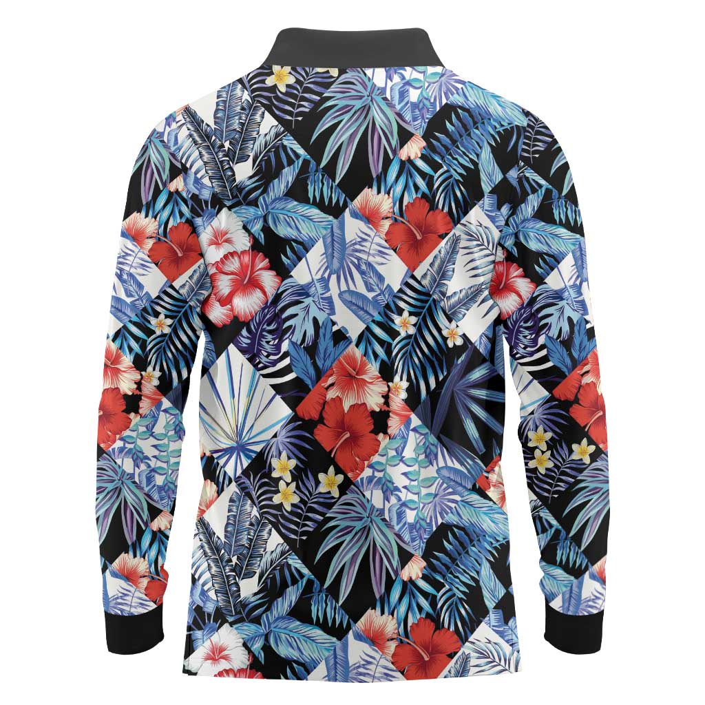Hawaii Tropicana Blue Pattern Long Sleeve Polo Shirt - Polynesian Pride