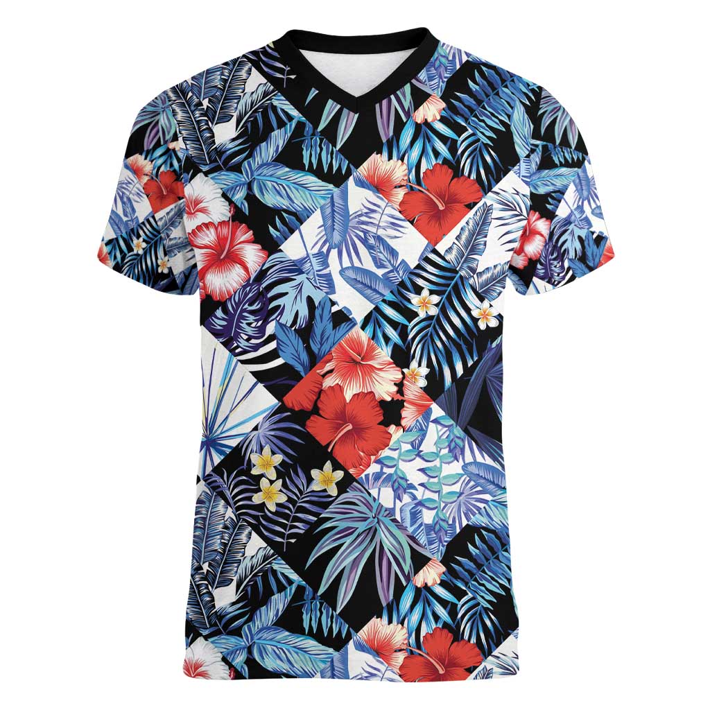 Hawaii Tropicana Blue Pattern Women V-Neck T-Shirt - Polynesian Pride