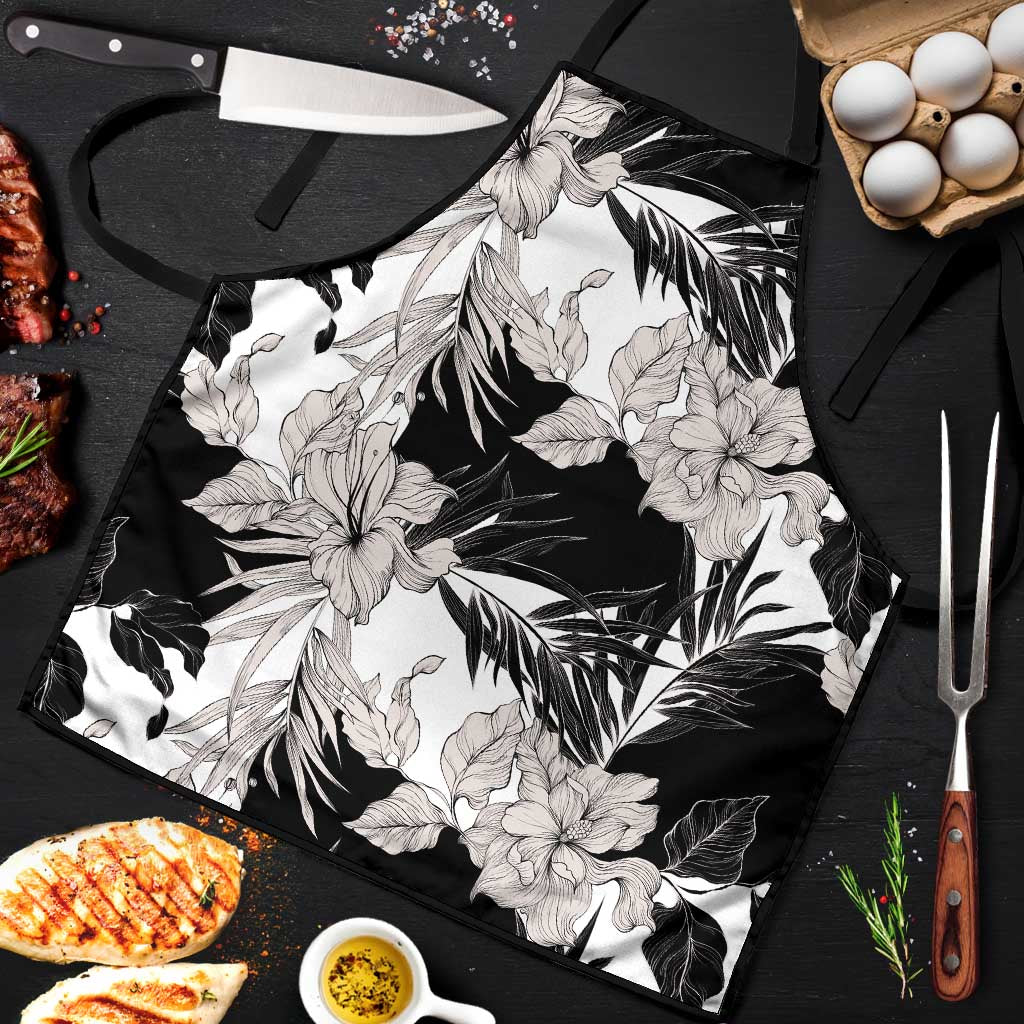 Black White Monotone Tropical Flowers Pattern Apron - Polynesian Pride