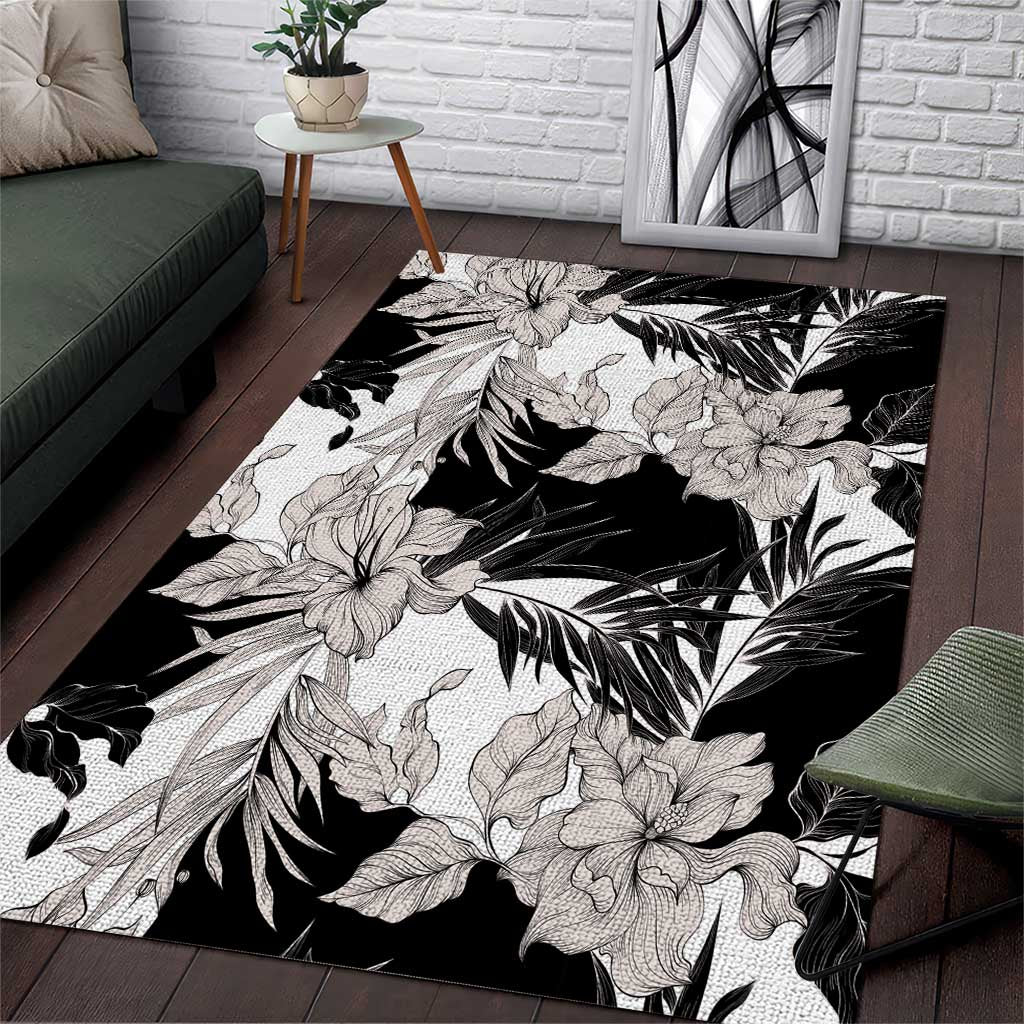 Black White Monotone Tropical Flowers Pattern Area Rug - Polynesian Pride