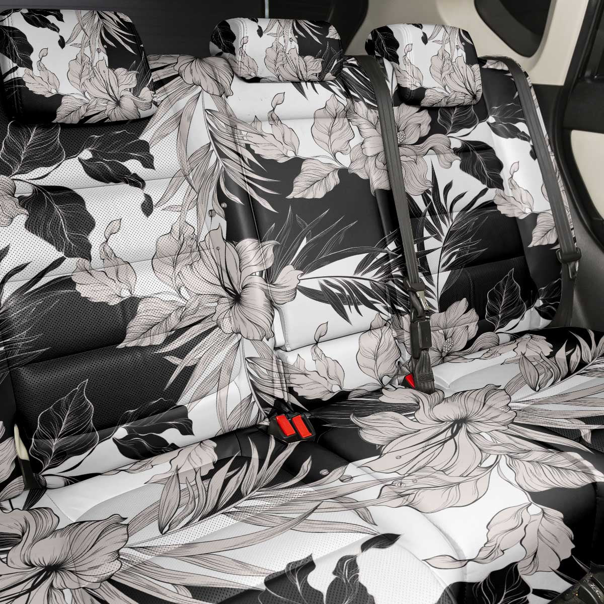 Black White Monotone Tropical Flowers Pattern Back Car Seat Cover - Polynesian Pride