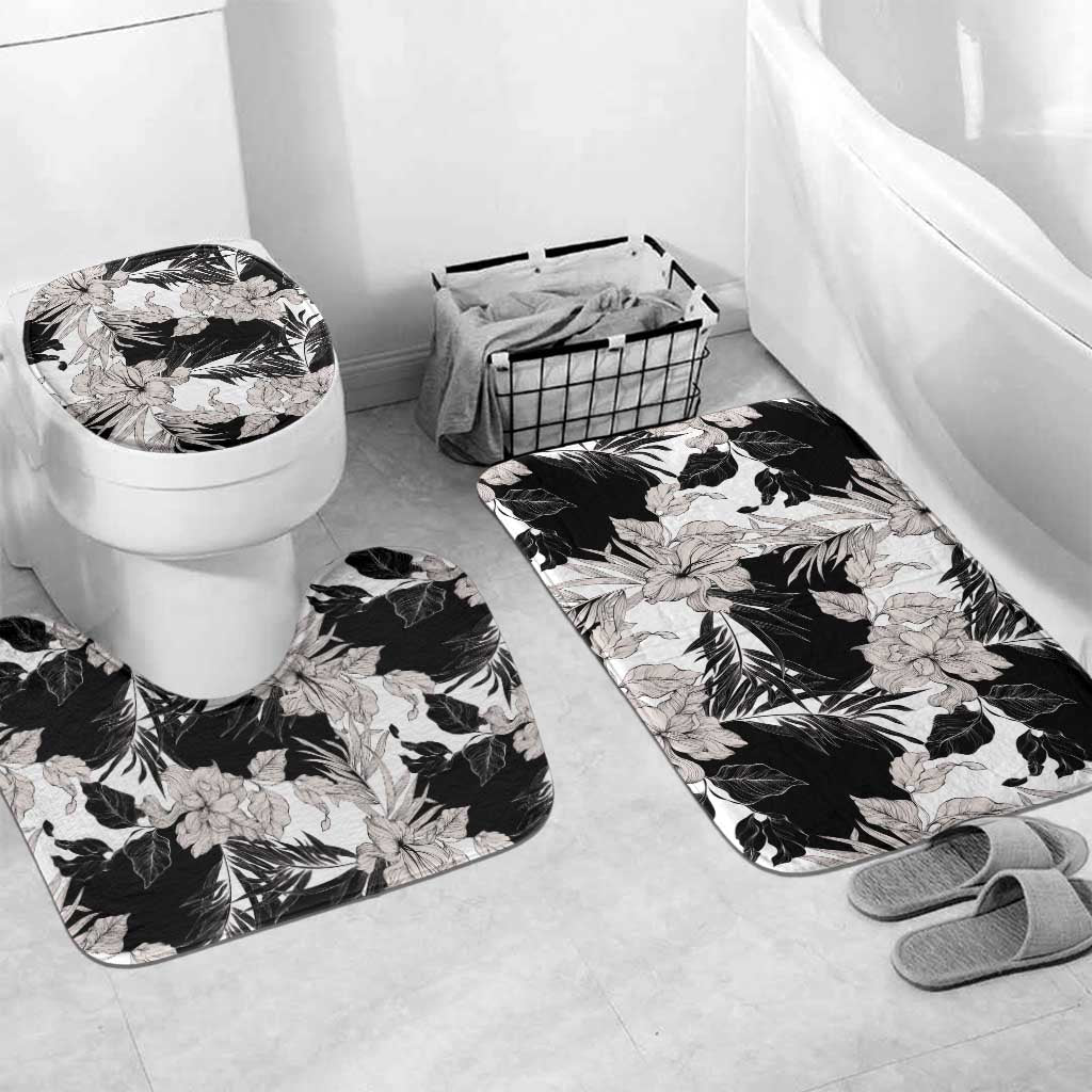 Black White Monotone Tropical Flowers Pattern Bathroom Set - Polynesian Pride