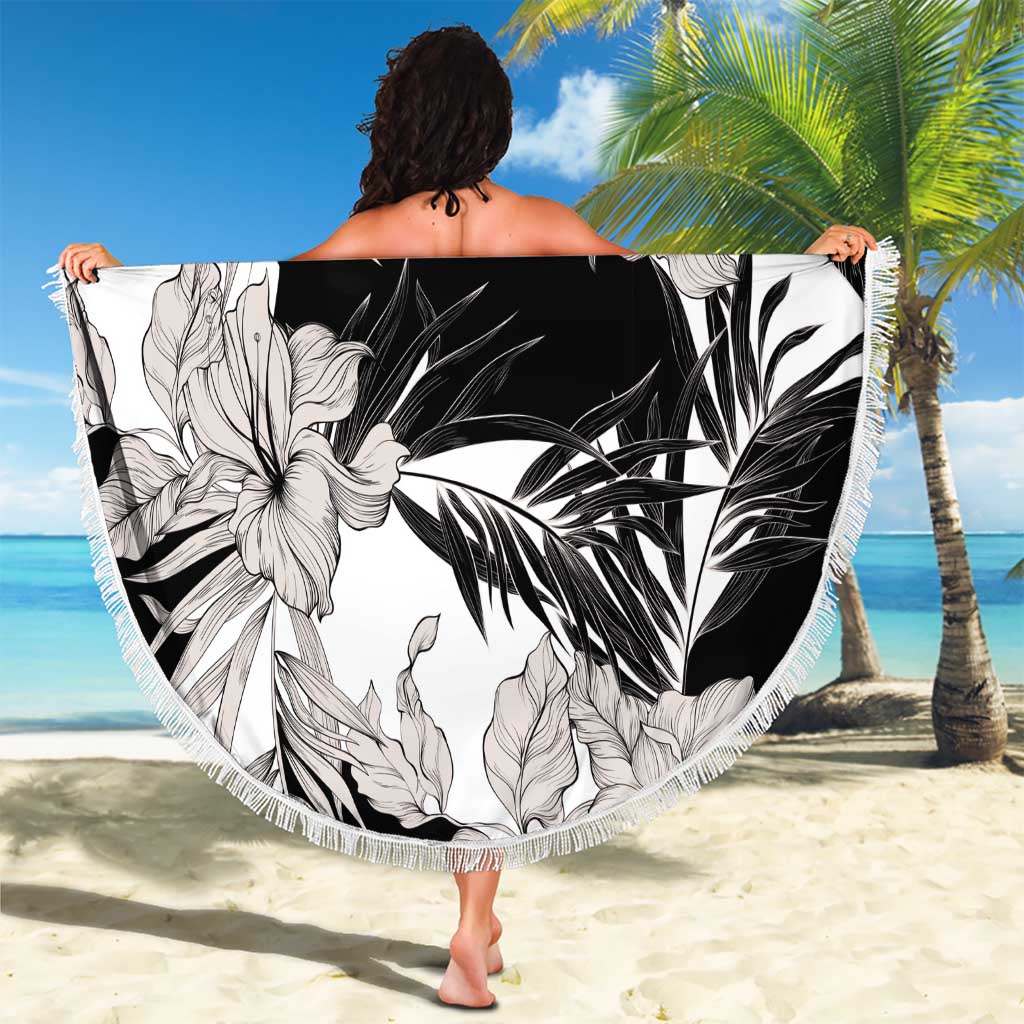 Black White Monotone Tropical Flowers Pattern Beach Blanket - Polynesian Pride