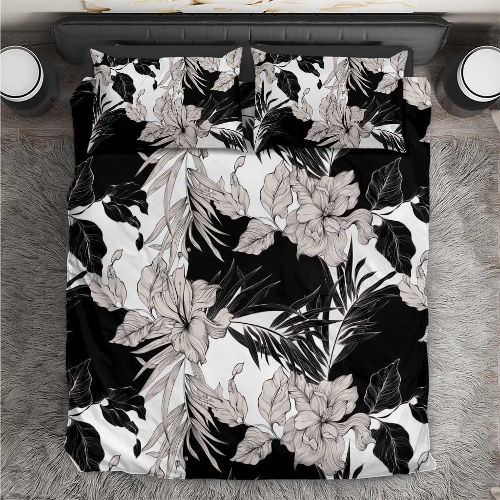 Black White Monotone Tropical Flowers Pattern Bedding Set - Polynesian Pride