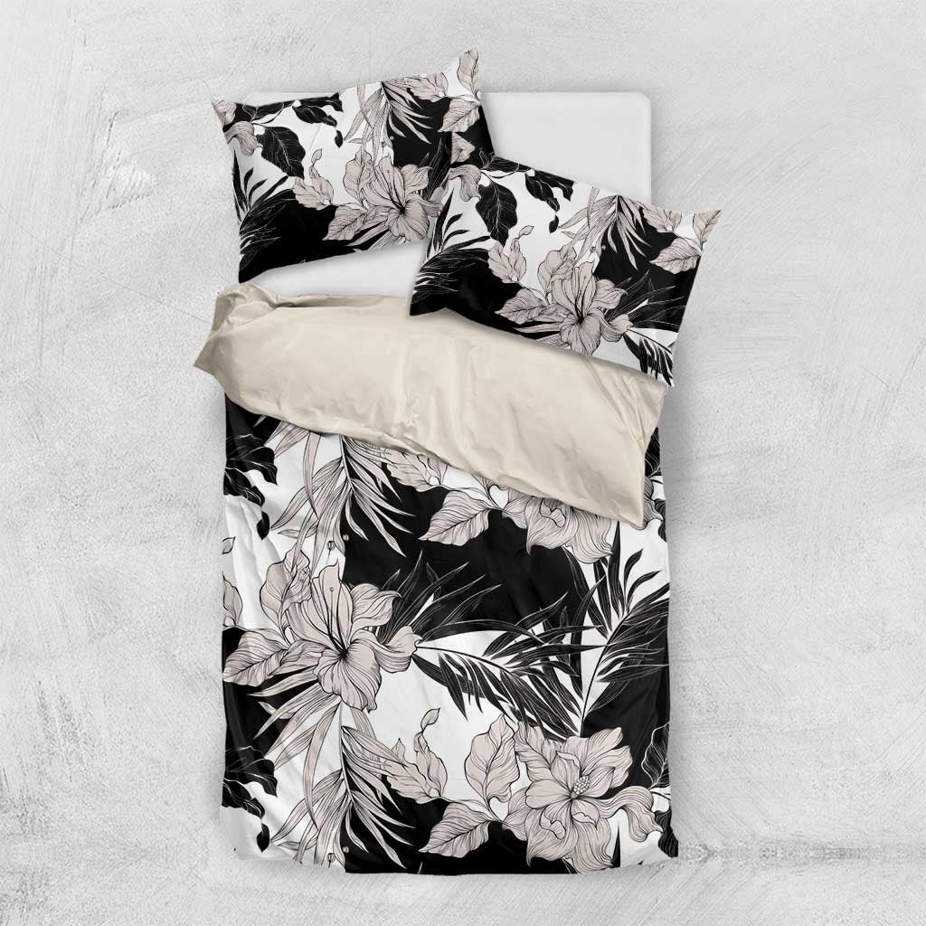 Black White Monotone Tropical Flowers Pattern Bedding Set - Polynesian Pride