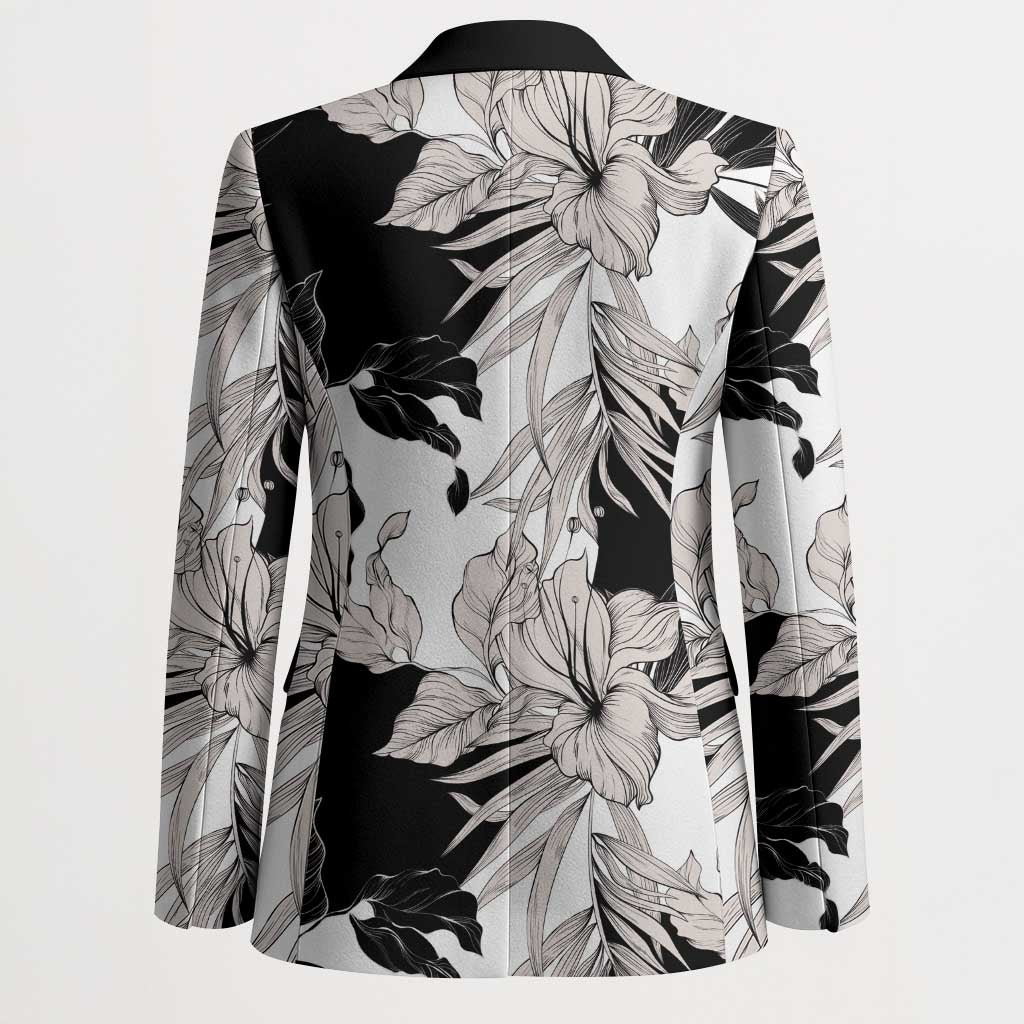 Black White Monotone Tropical Flowers Pattern Blazer - Polynesian Pride