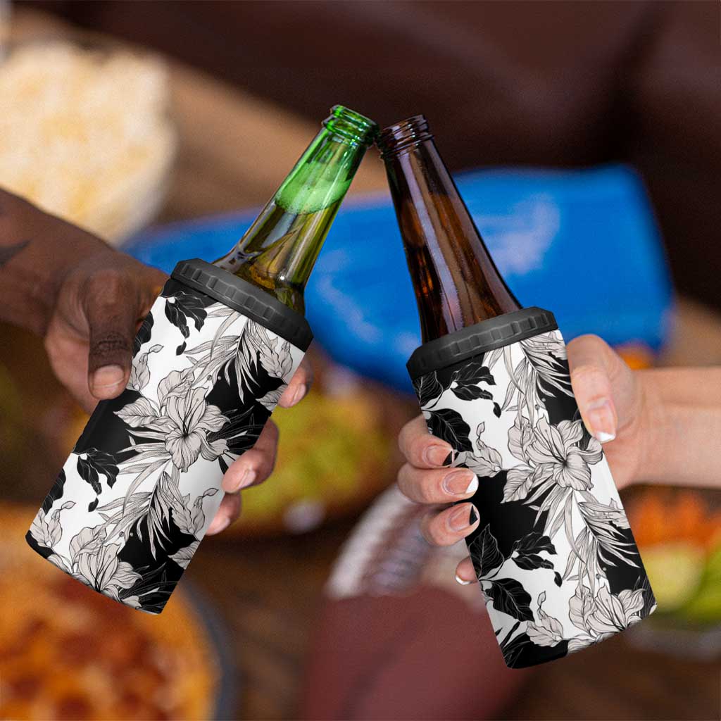 Black White Monotone Tropical Flowers Pattern 4 in 1 Can Cooler Tumbler - Polynesian Pride