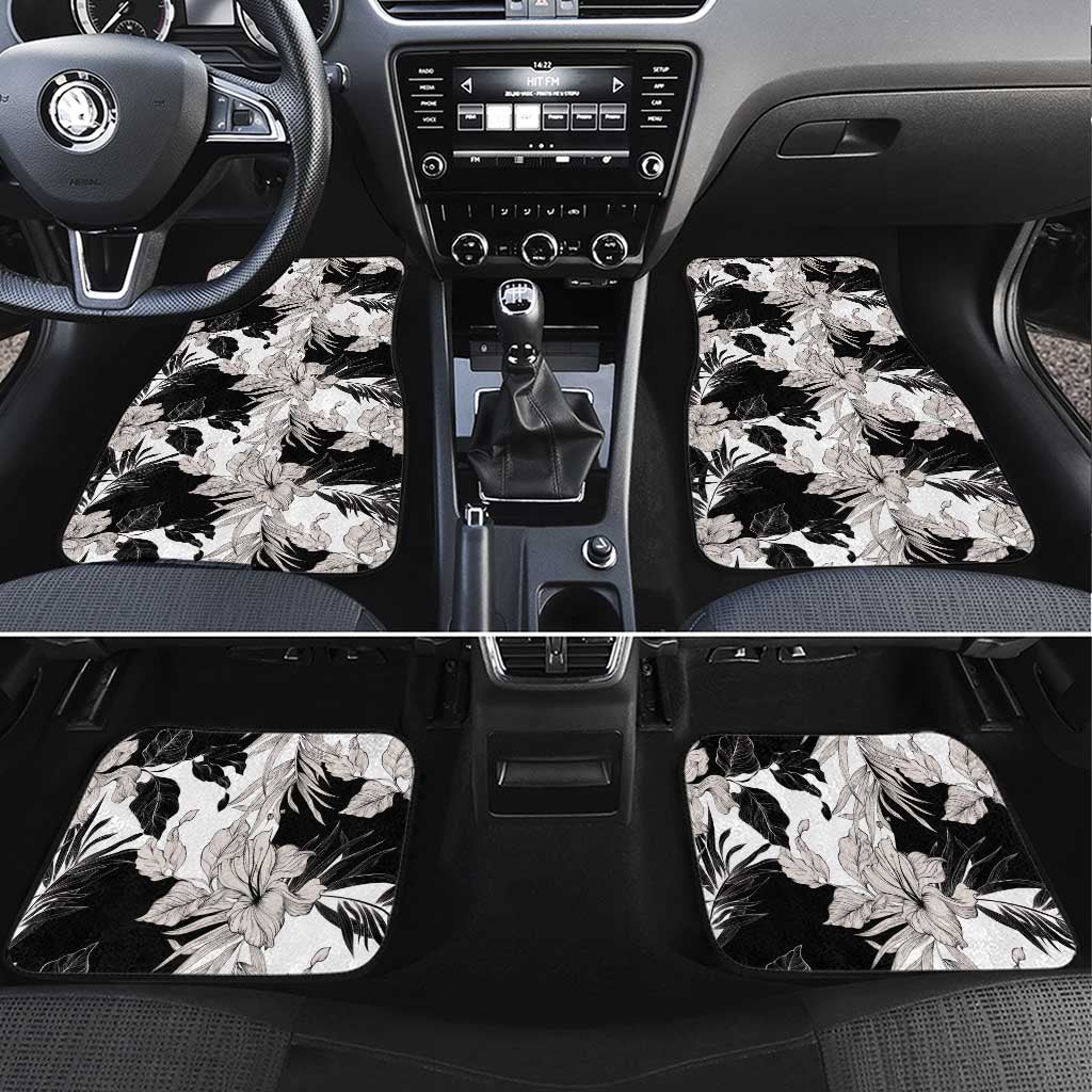 Black White Monotone Tropical Flowers Pattern Car Mats - Polynesian Pride