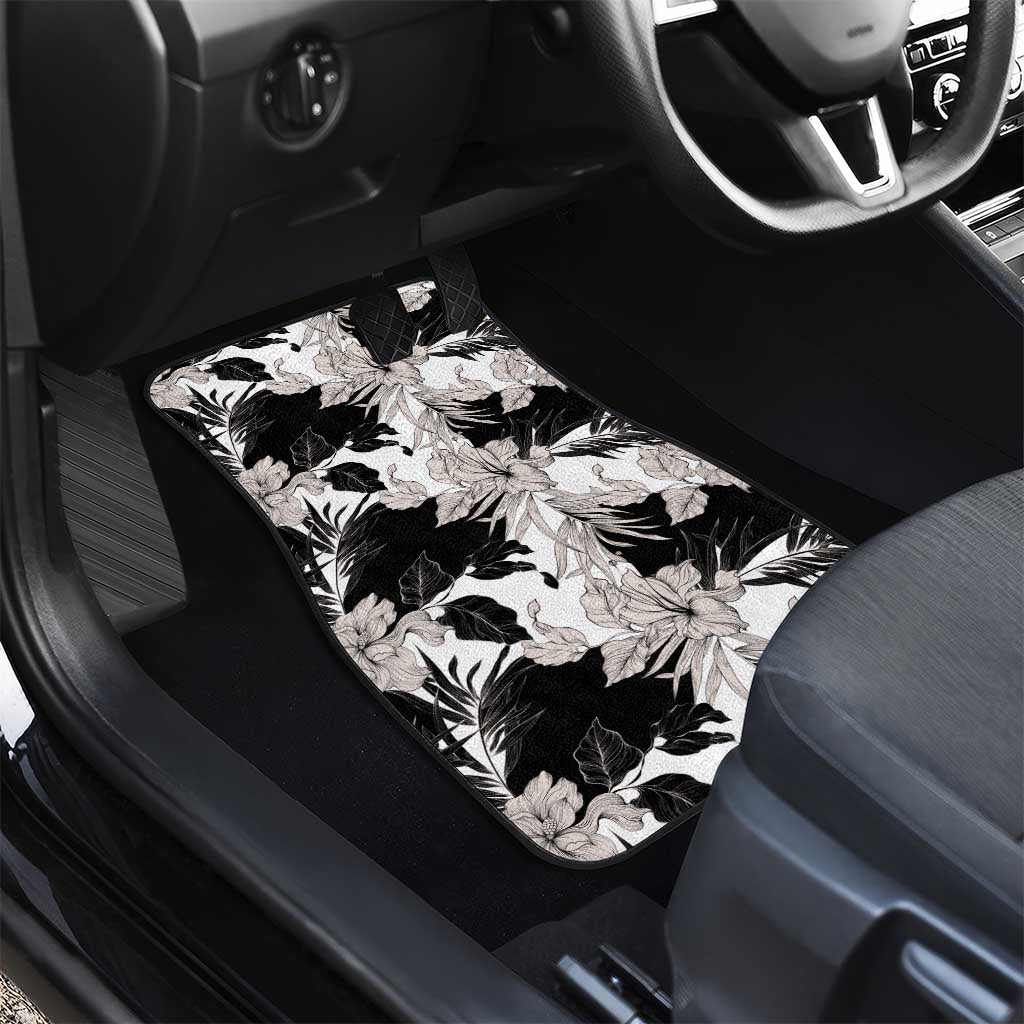 Black White Monotone Tropical Flowers Pattern Car Mats - Polynesian Pride