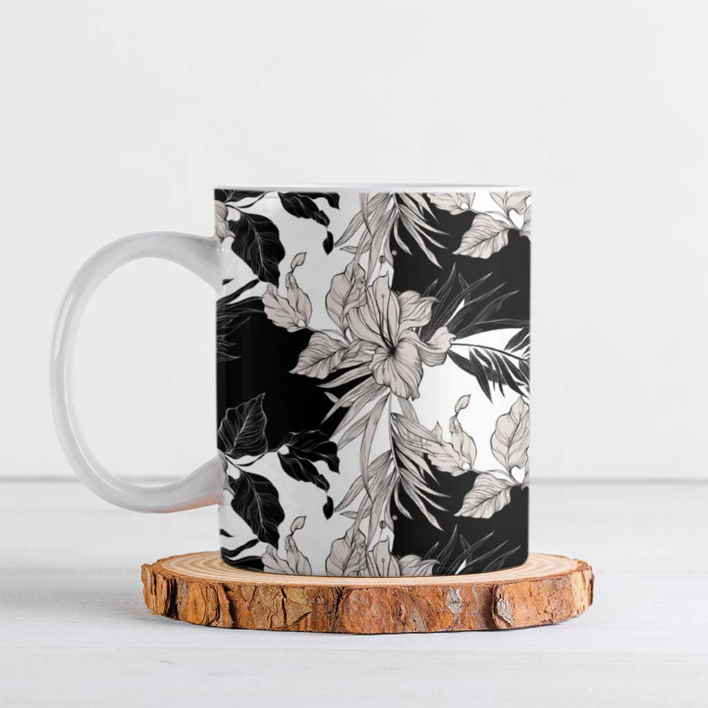 Black White Monotone Tropical Flowers Pattern Ceramic Mug - Polynesian Pride
