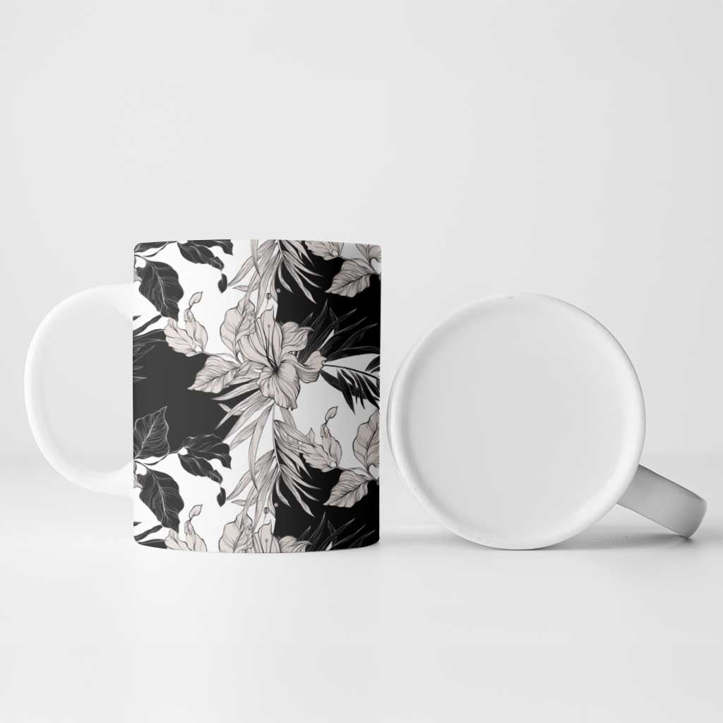 Black White Monotone Tropical Flowers Pattern Ceramic Mug - Polynesian Pride