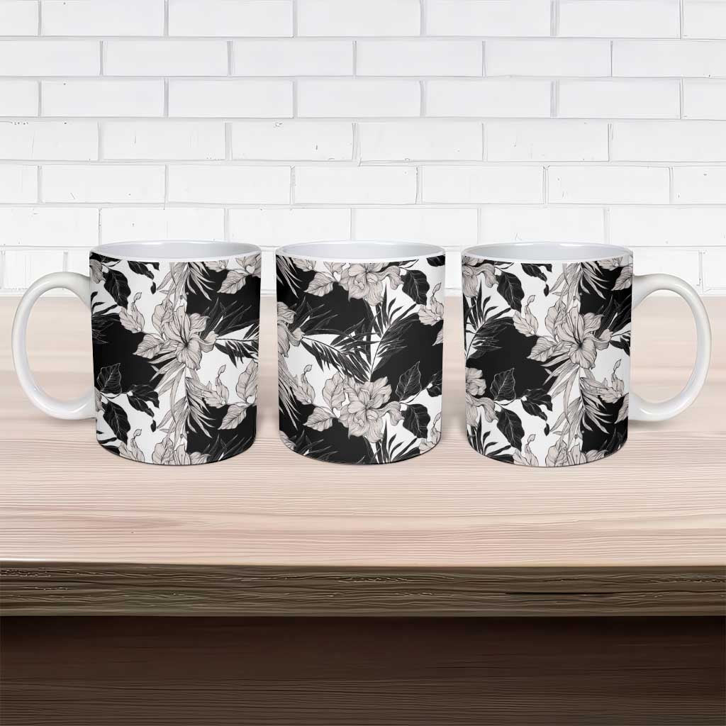 Black White Monotone Tropical Flowers Pattern Ceramic Mug - Polynesian Pride