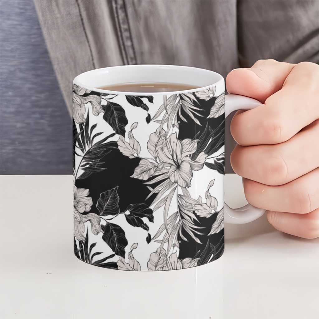 Black White Monotone Tropical Flowers Pattern Ceramic Mug - Polynesian Pride