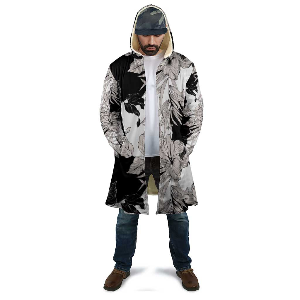 Black White Monotone Tropical Flowers Pattern Cloak - Polynesian Pride