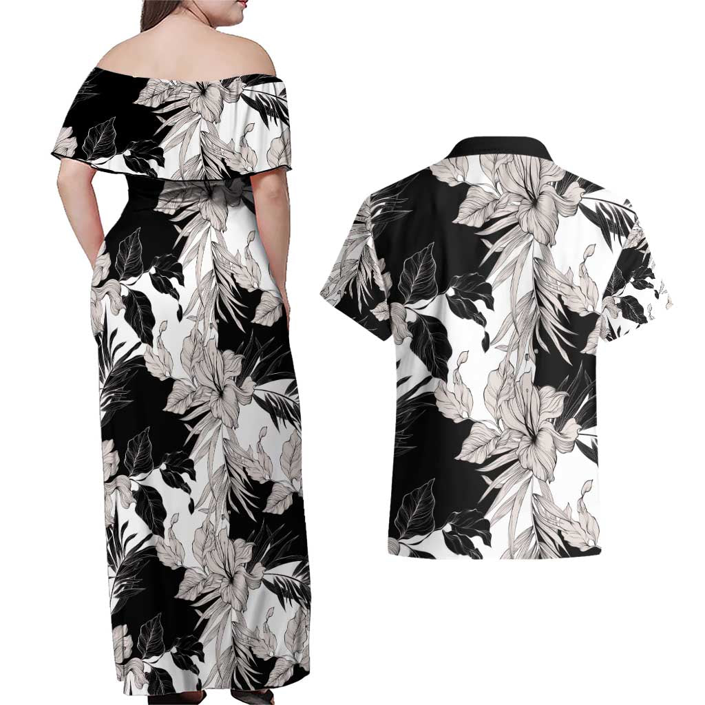 Black White Monotone Tropical Flowers Pattern Couples Matching Off Shoulder Maxi Dress and Hawaiian Shirt LT01 - Polynesian Pride