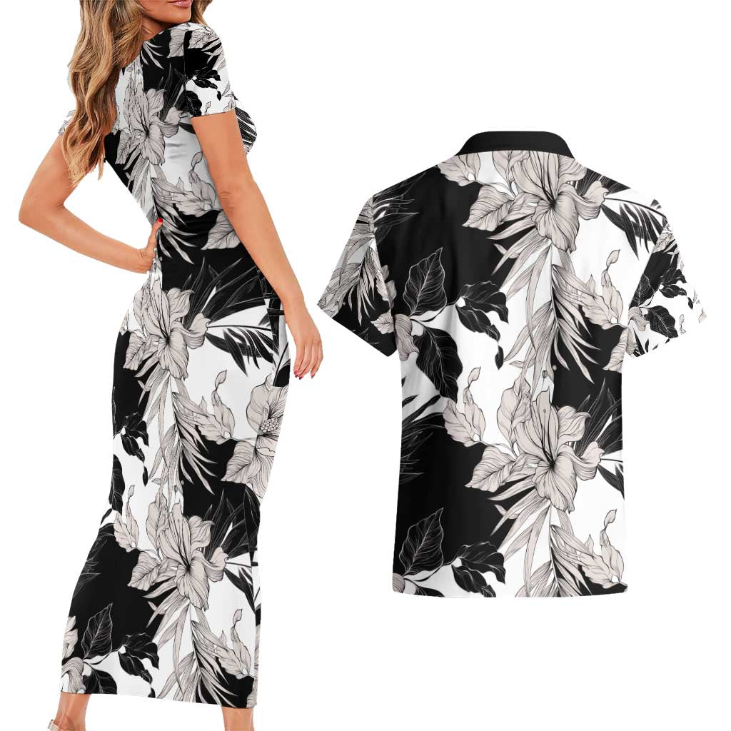 Black White Monotone Tropical Flowers Pattern Couples Matching Short Sleeve Bodycon Dress and Hawaiian Shirt LT01 - Polynesian Pride