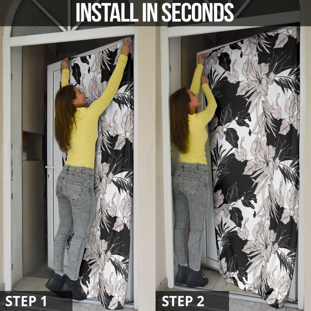 Black White Monotone Tropical Flowers Pattern Door Cover - Polynesian Pride