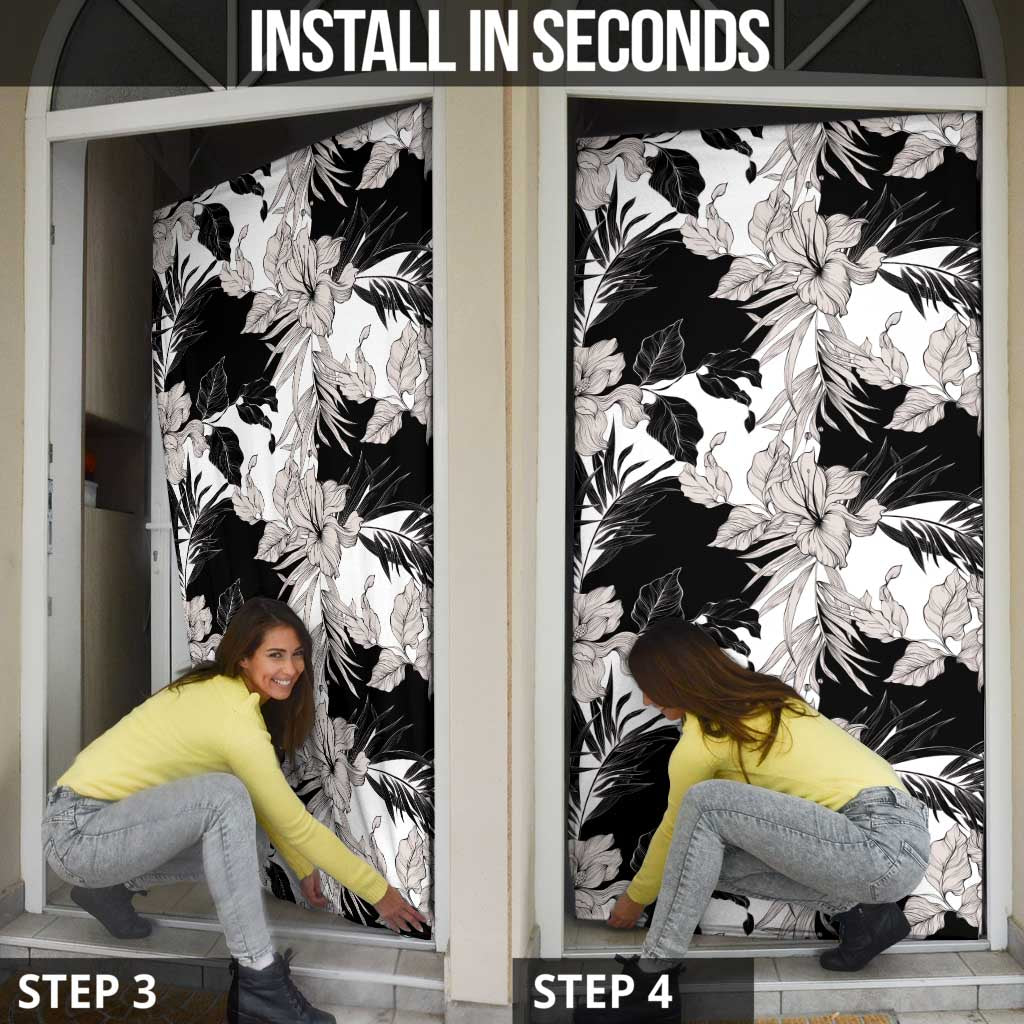 Black White Monotone Tropical Flowers Pattern Door Cover - Polynesian Pride