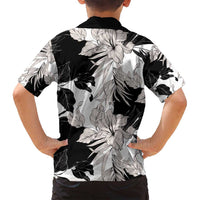 Black White Monotone Tropical Flowers Pattern Family Matching Long Sleeve Bodycon Dress and Hawaiian Shirt - Polynesian Pride