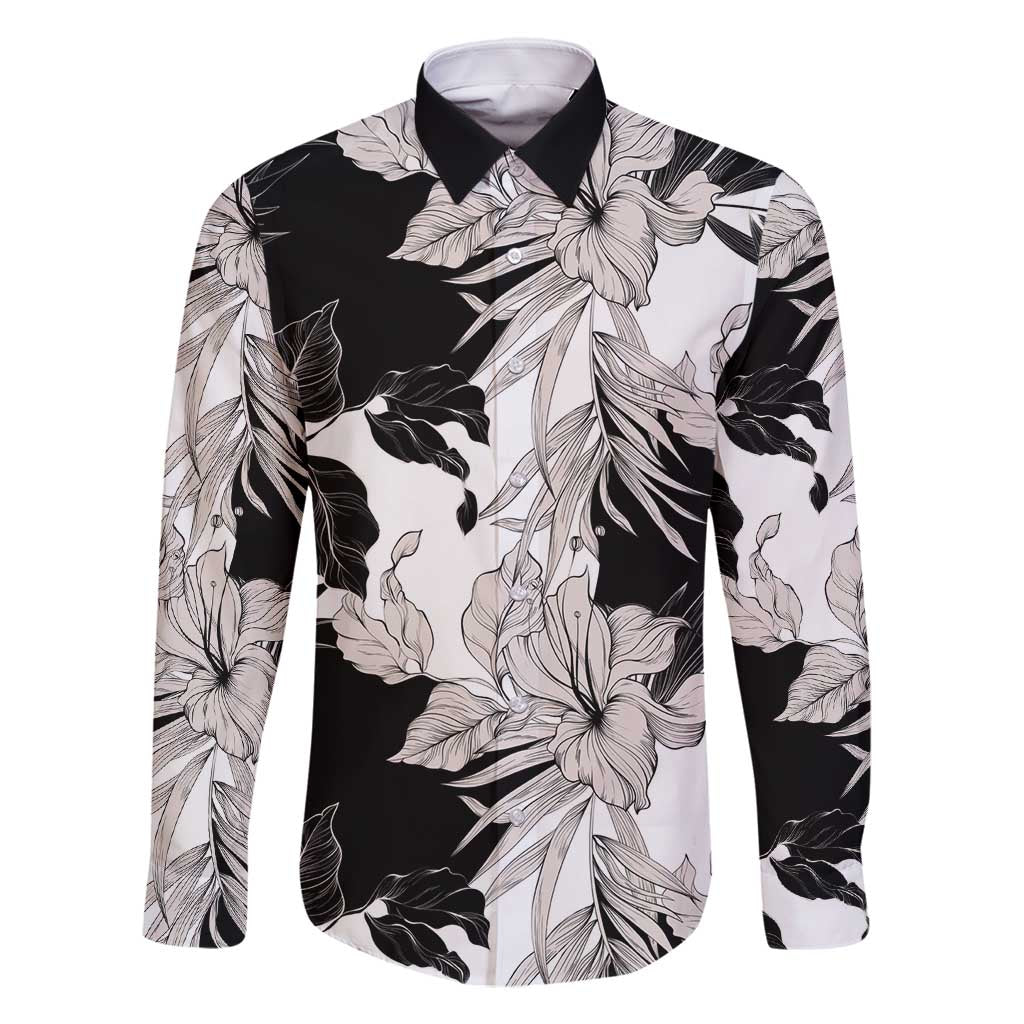 Black White Monotone Tropical Flowers Pattern Family Matching Long Sleeve Bodycon Dress and Hawaiian Shirt - Polynesian Pride