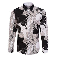 Black White Monotone Tropical Flowers Pattern Family Matching Long Sleeve Bodycon Dress and Hawaiian Shirt - Polynesian Pride
