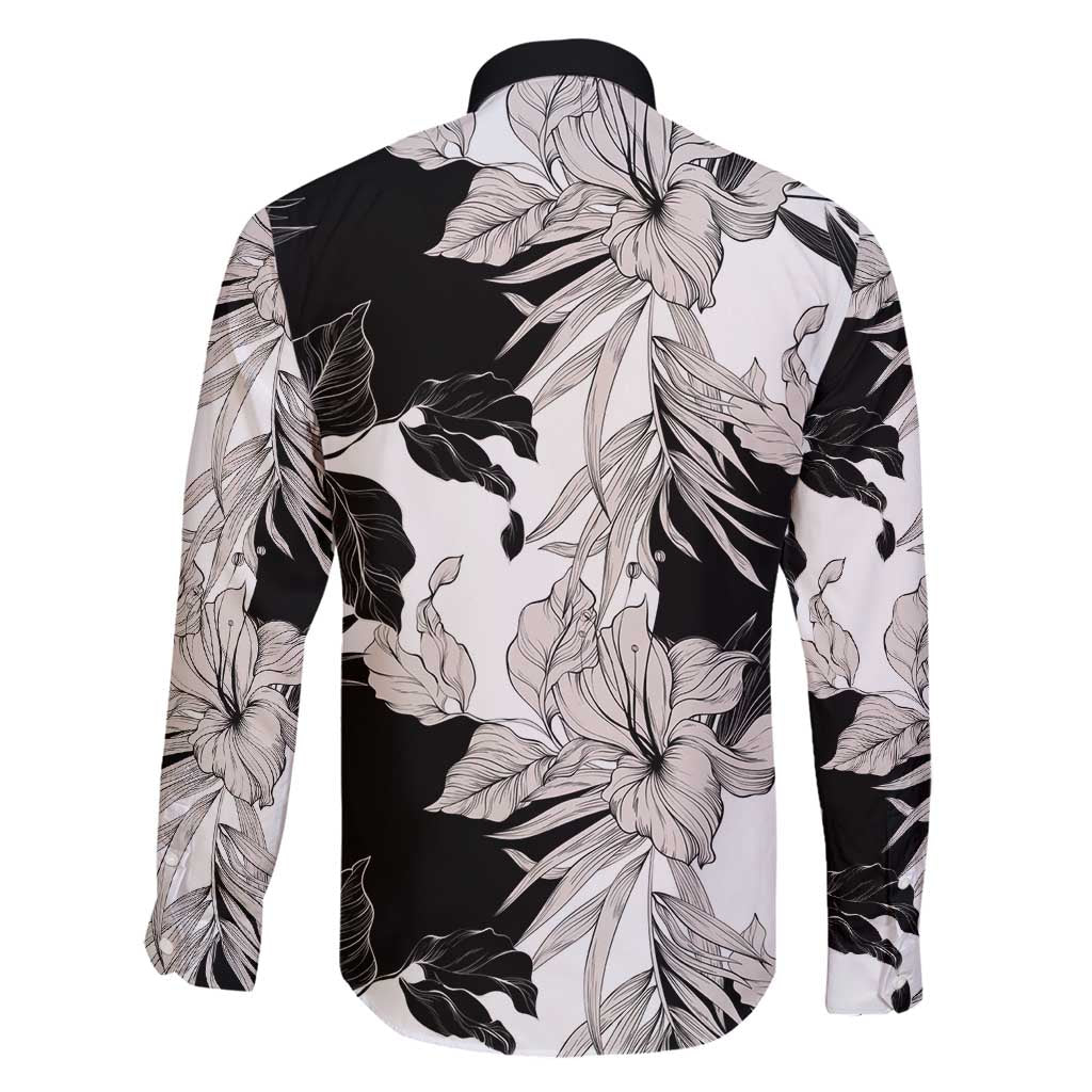 Black White Monotone Tropical Flowers Pattern Family Matching Mermaid Dress and Hawaiian Shirt - Polynesian Pride