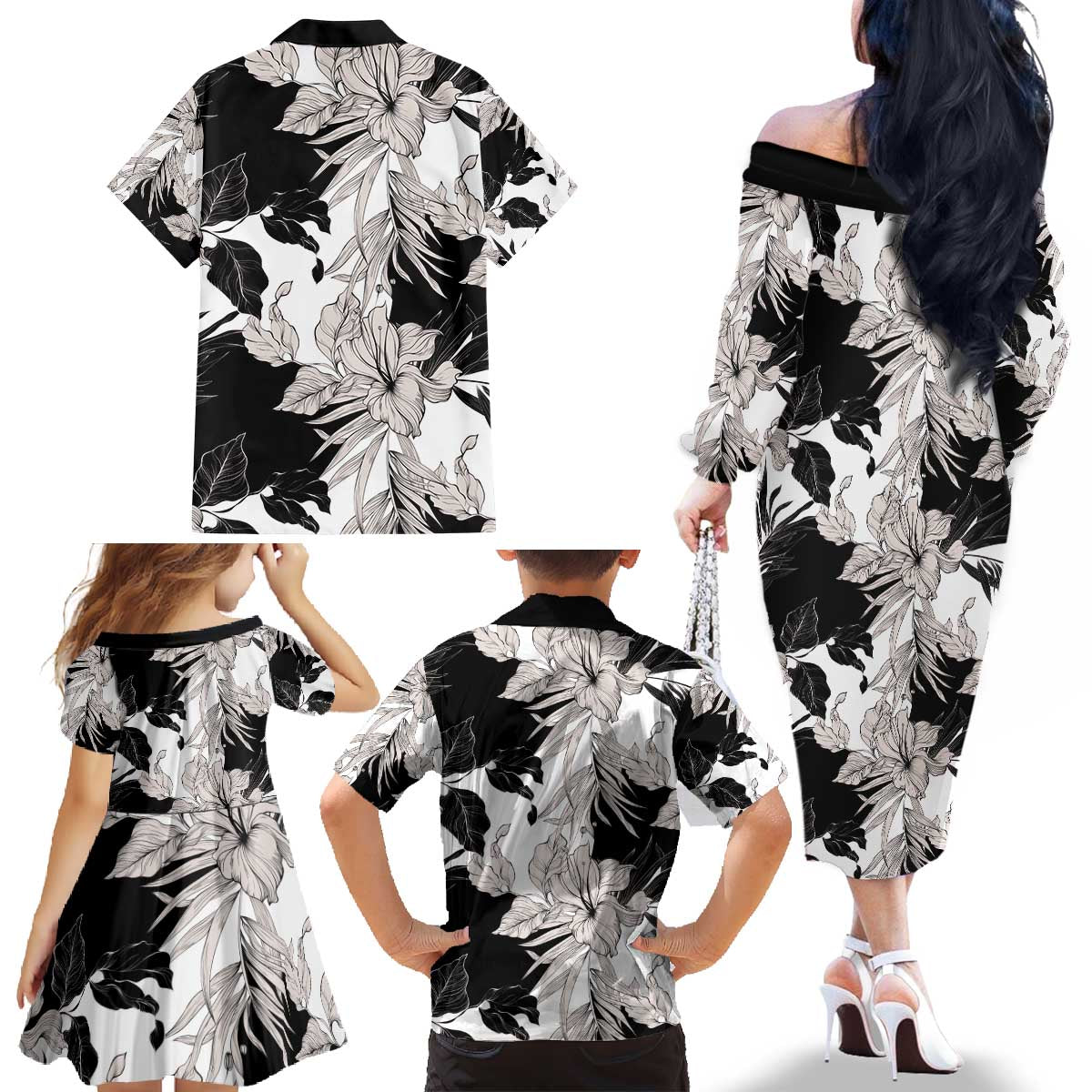Black White Monotone Tropical Flowers Pattern Family Matching Off The Shoulder Long Sleeve Dress and Hawaiian Shirt - Polynesian Pride