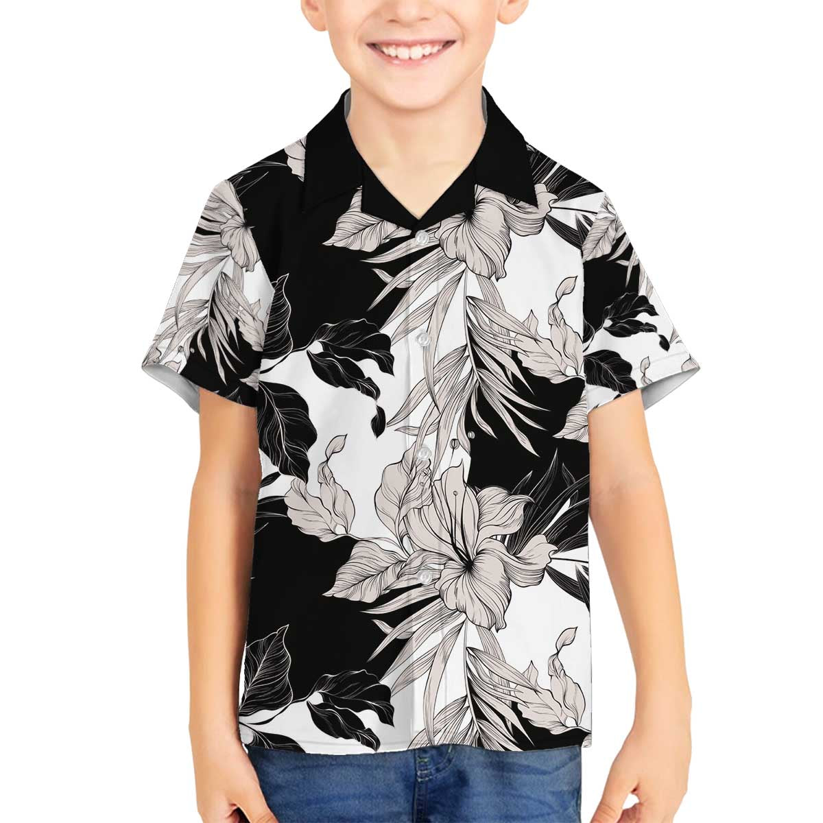 Black White Monotone Tropical Flowers Pattern Family Matching Off The Shoulder Long Sleeve Dress and Hawaiian Shirt - Polynesian Pride