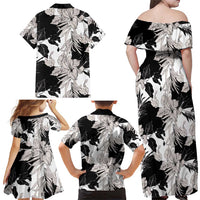 Black White Monotone Tropical Flowers Pattern Family Matching Off Shoulder Maxi Dress and Hawaiian Shirt - Polynesian Pride