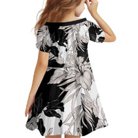 Black White Monotone Tropical Flowers Pattern Family Matching Short Sleeve Bodycon Dress and Hawaiian Shirt - Polynesian Pride