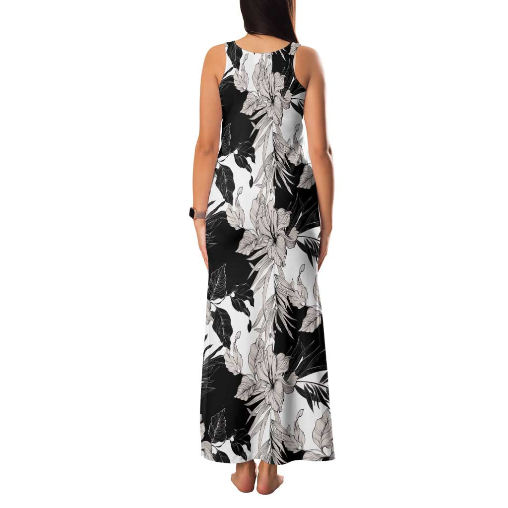 Black White Monotone Tropical Flowers Pattern Family Matching Tank Maxi Dress and Hawaiian Shirt - Polynesian Pride