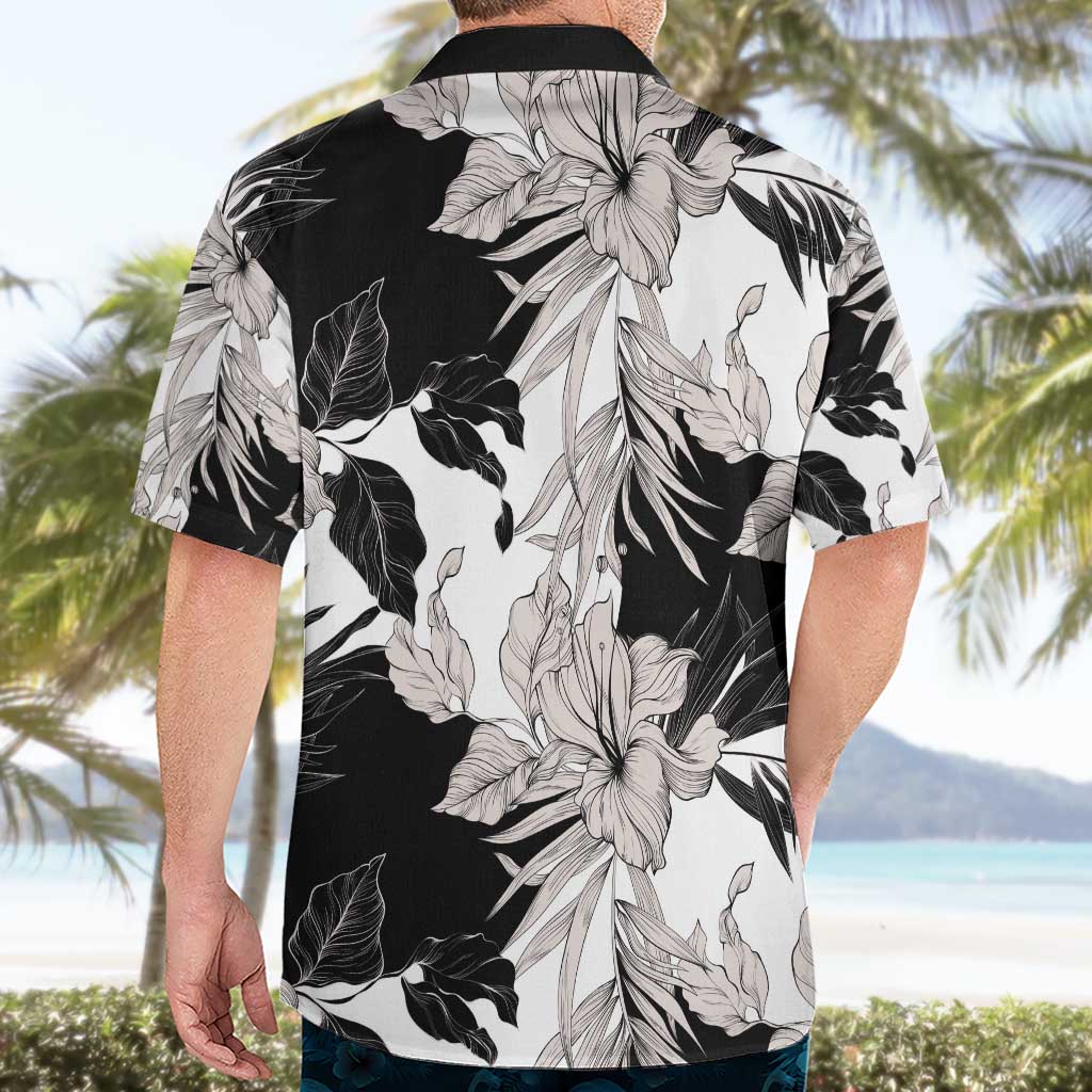 Black White Monotone Tropical Flowers Pattern Hawaiian Shirt - Polynesian Pride