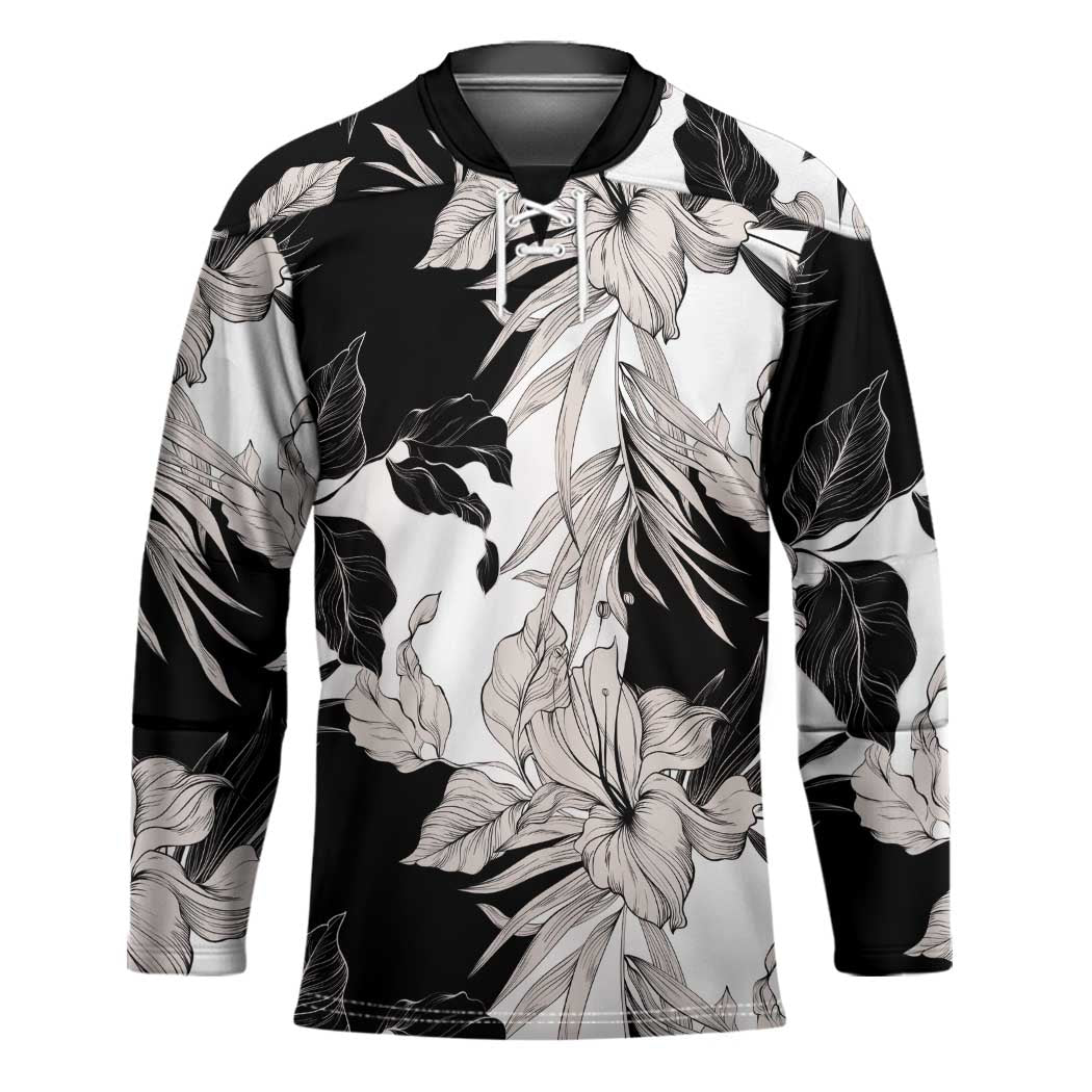 Black White Monotone Tropical Flowers Pattern Hockey Jersey - Polynesian Pride