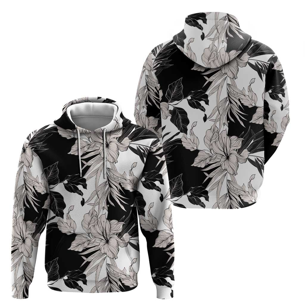 Black White Monotone Tropical Flowers Pattern Hoodie - Polynesian Pride