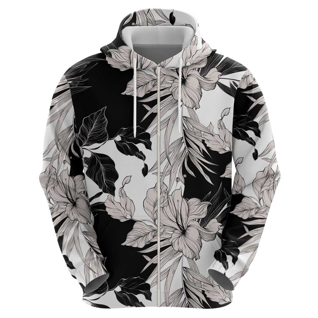 Black White Monotone Tropical Flowers Pattern Hoodie - Polynesian Pride