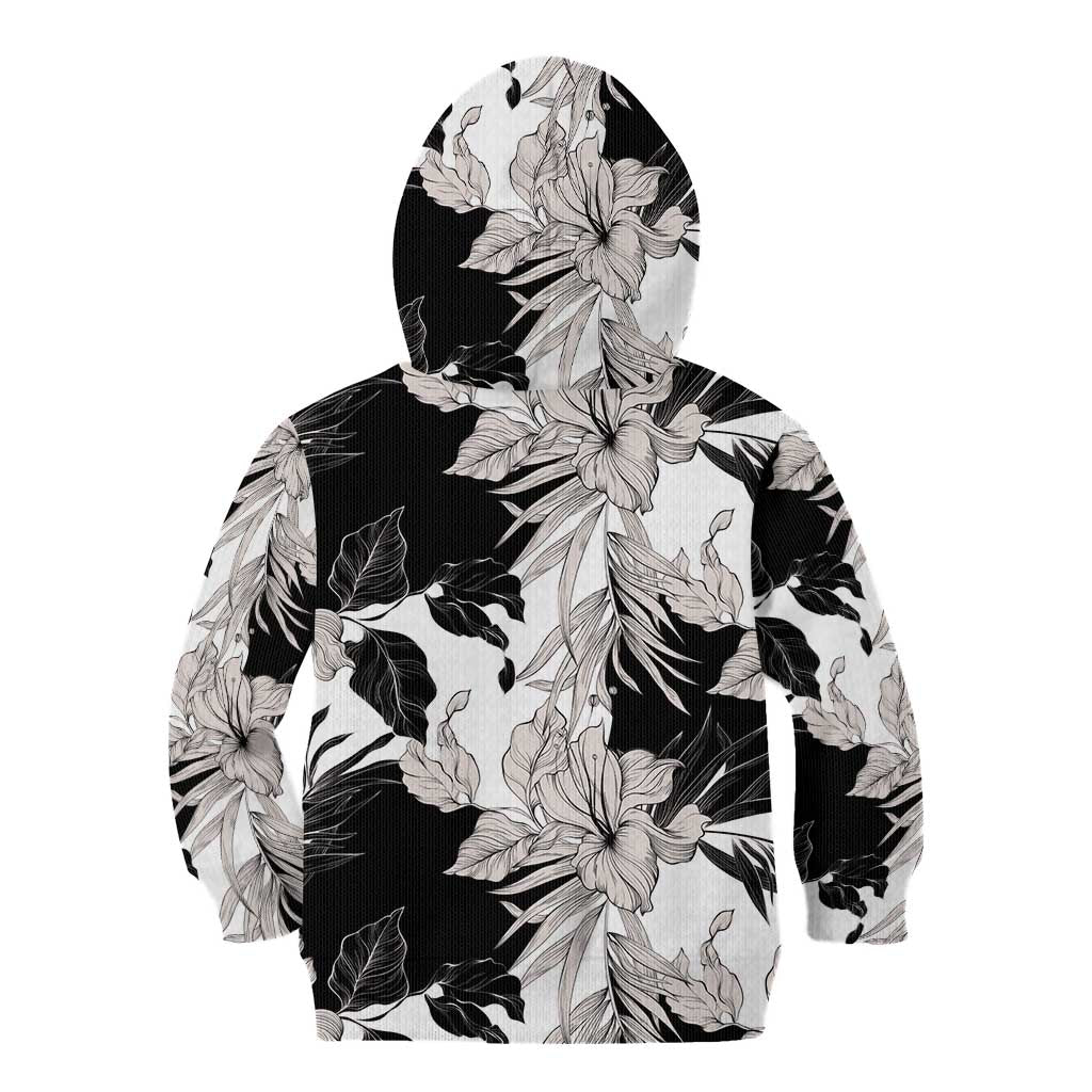 Black White Monotone Tropical Flowers Pattern Kid Hoodie - Polynesian Pride