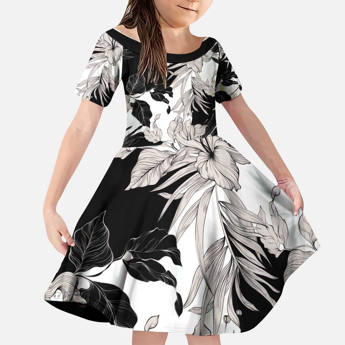 Black White Monotone Tropical Flowers Pattern Kid Short Sleeve Dress - Polynesian Pride
