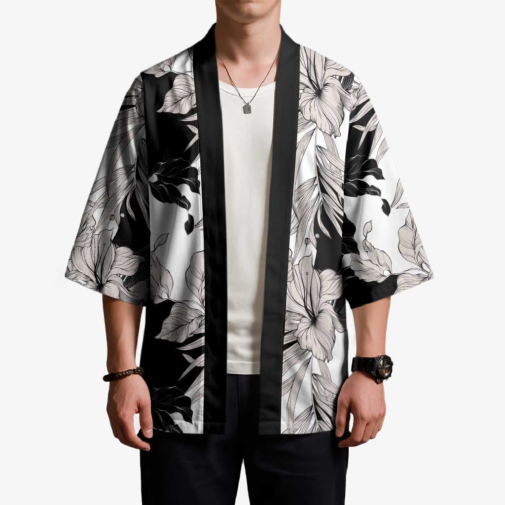Black White Monotone Tropical Flowers Pattern Kimono - Polynesian Pride