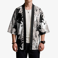 Black White Monotone Tropical Flowers Pattern Kimono - Polynesian Pride