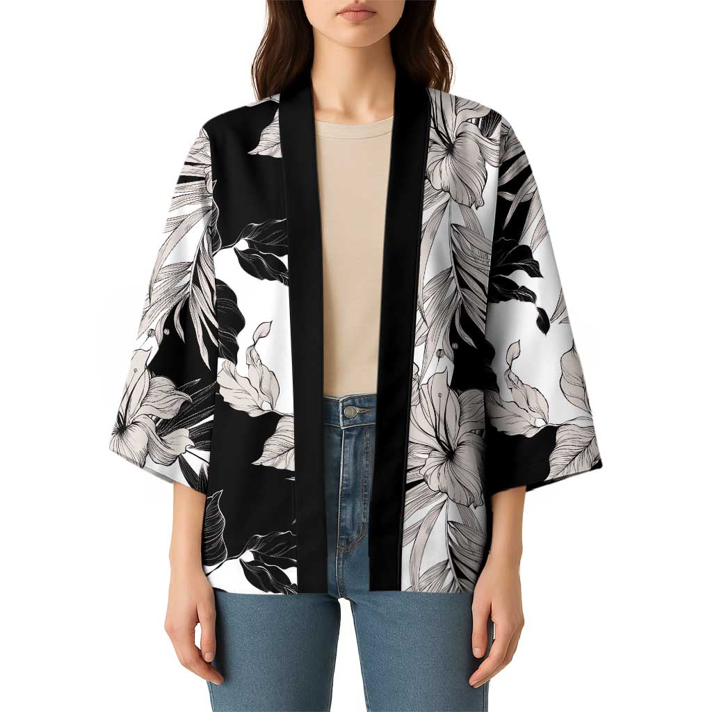 Black White Monotone Tropical Flowers Pattern Kimono - Polynesian Pride