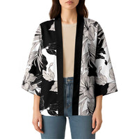 Black White Monotone Tropical Flowers Pattern Kimono - Polynesian Pride