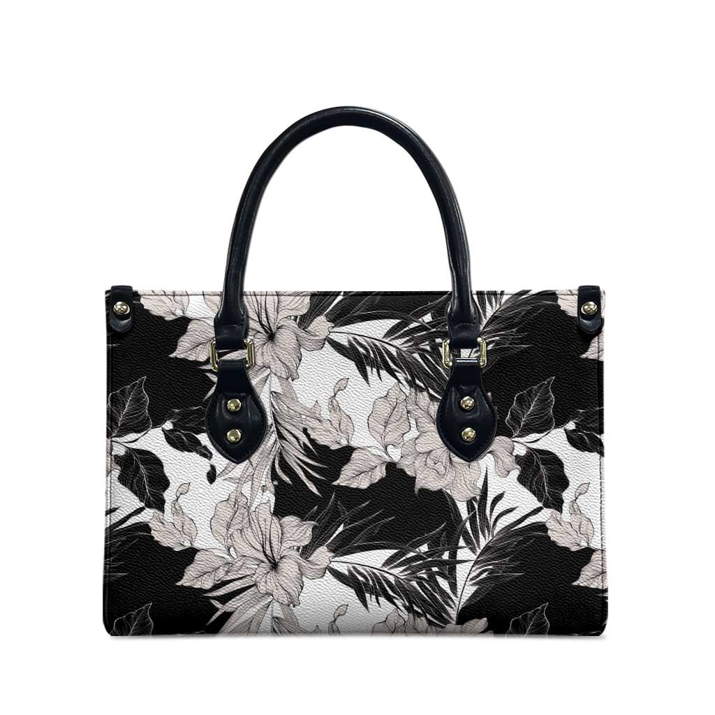 Black White Monotone Tropical Flowers Pattern Leather Bag - Polynesian Pride